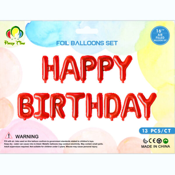 Air-Filled 16″ Happy Birthday Foil Balloon Banner Set – Red