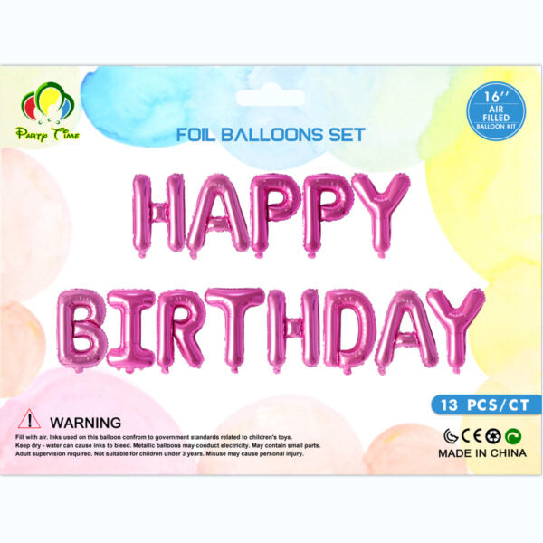 Air-Filled 16″ Happy Birthday Foil Balloon Banner Set – Pink