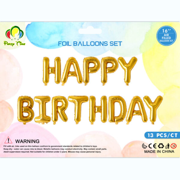 Air-Filled 16″ Happy Birthday Foil Balloon Banner Set – Gold