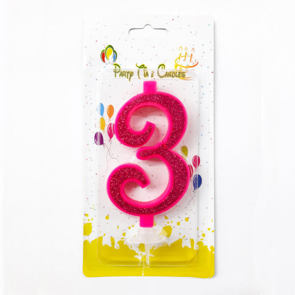Pink Glittery Number Candle, Birthday Candle 1,2,3